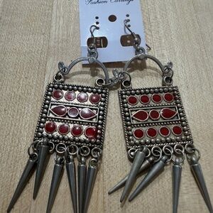 Boho Red Stone Silver-Tone Dangle Earrings -
